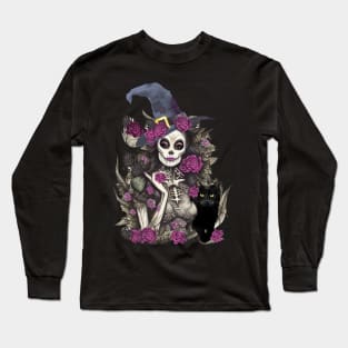 Witch and cat for cute Halloween, purple roses,scary, spooky Long Sleeve T-Shirt